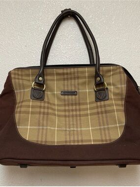 Eddie Bauer Brown Plaid Canvas Duffel Bag with Dark Trim